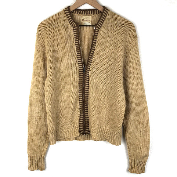 VTG Munsingwear 100% Shetland Wool Cardigan Sz S Tan Full Zip Elbows Sweater - Picture 1 of 12